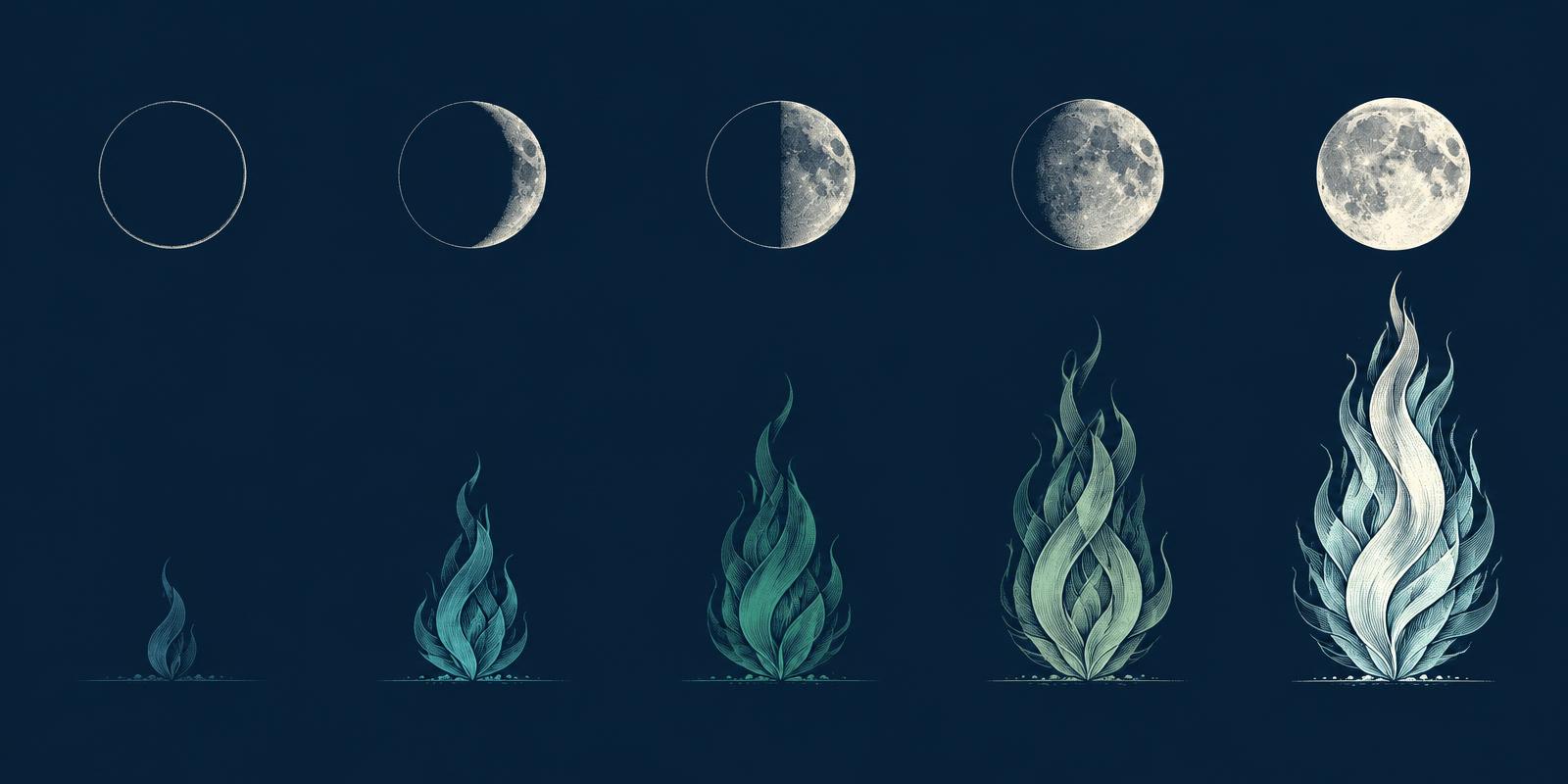 Five flames growing beneath the moon, from new moon to full