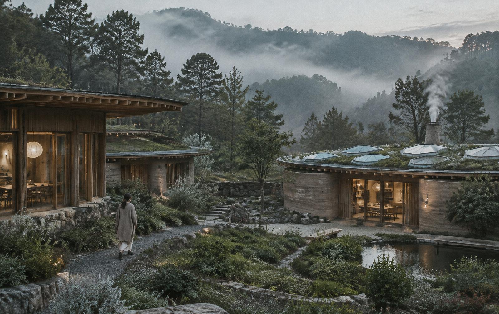 A regenerative haven in misty forested hills at dawn